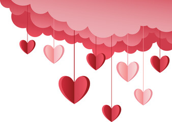 Wall Mural - Valentine's day poster with pink paper hearts and clouds. Paper 3d style on transparent background. Holiday card, vector illustration for your design. PNG image