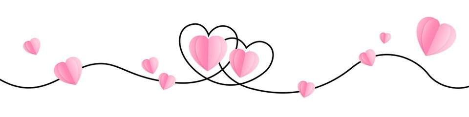 Wall Mural - Line heart shape border with realistic paper heart on transparent background for valentines day. Valentines Day greeting card. Valentine's day background. PNG image