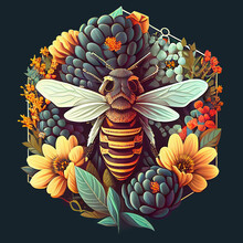 Honeycomb Bee On Flowers. T-shirt. Poster. Card Retro Illustration AI