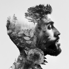 Double exposure, arab male portrait, flowers, leaves. Black and white. monochrome. AI illustration