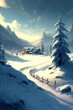 A beautiful winter landscape with a snowy house and a small path, forest with mountains in the background, generative ai