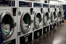 Money Laundering Concept With Dollars Inside Washing Machines In A Laundromat
