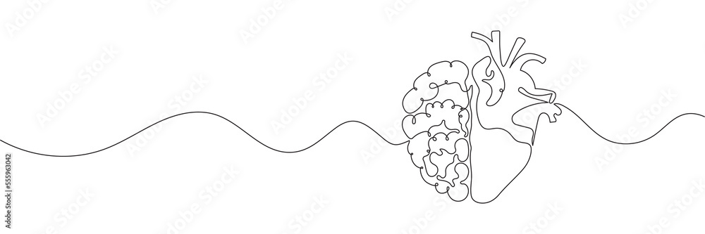 One line drawing of half of a human brain and a human heart. Vector ...