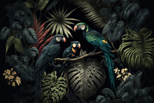 Tropical Illustration With Green Leaves, Exotic Flowers And Parrots On Dark Background. Generative AI.