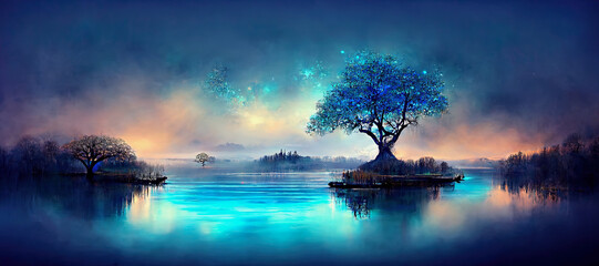 ai midjourney generative illustration of a blue romantic fantasy lake landscape