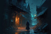 Spooky Abandoned Medieval Village Street With A Mage Standing In A Dark Robe. Cold Blue Night And Darkness With Wet Puddles On Floor. Medieval Empty Street Illustration. Generative Ai