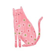 Cute Pink Cat With Floral Pattern. Hand Drawn Illustration.