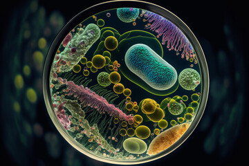 macro close up shot of bacteria and virus cells in a scientific laboratory petri dish. generative ai