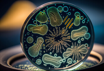 Wall Mural - Macro close up shot of bacteria and virus cells in a scientific laboratory petri dish. Generative ai