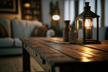 wooden table and blurry background of comfortable living room