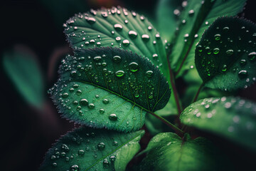 Wall Mural - close-up of a green leaf with raindrops