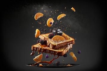 Poster - a piece of toast with fruit falling out of it on a black background with a splash of orange juice.