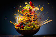 Colorful fruit salad exploding in a bowl. Created with generative AI.