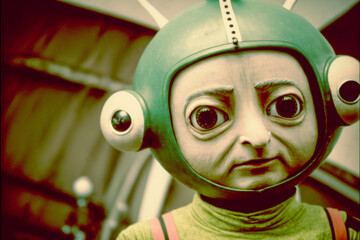 Wall Mural - Funny little green martian alien character with bug eyes and a helmet on a vintage 1970 science fiction television show. Created with generative AI.