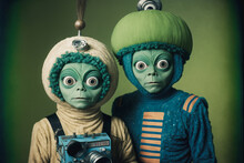 Bug Eyed Green Alien People. Wide Eyes On Little Martian Couple. Created With Generative AI. 