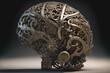 Metal statue of a human brain made up of many mechanical parts in fine detail. Created with generative AI. 