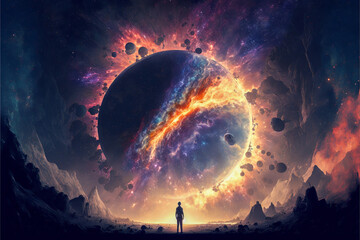 A large planet in the universe is destroyed. An explosion from the inside out as a man watches from the galaxy. Created with generative AI. 