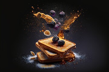 Sticker - a piece of toast with syrup and berries on it and a spoon with honey and syrup on it and a spoon with berries on top.