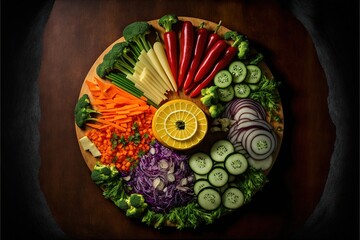 a plate of vegetables and fruits arranged in a circle on a table top with a knife and fork in the middle.