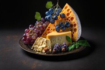 Sticker - a plate of cheese and grapes on a black background with a black background and a black background with a black background.