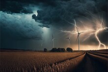 A Storm Is Coming Over A Field With Windmills In The Background And Lightning In The Sky Above It.