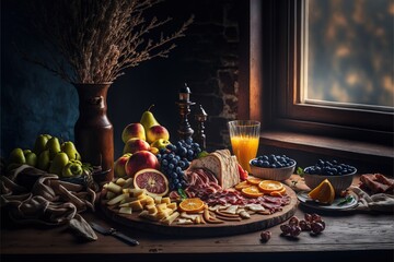 Poster - a platter of fruit and cheese with a glass of orange juice and a vase of flowers on a table.