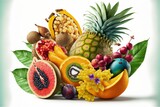 Fototapeta Kuchnia - a bunch of fruit is stacked on top of each other with leaves and flowers around them and a pineapple.