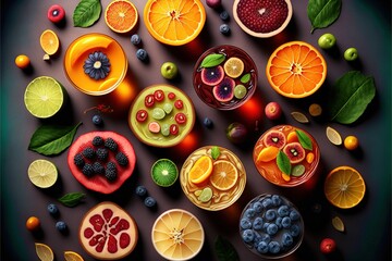 Sticker - a variety of fruits and vegetables are arranged in a pattern on a black surface with leaves and berries on the top. Generative AI