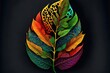 a colorful leaf with a black background is shown in this image.