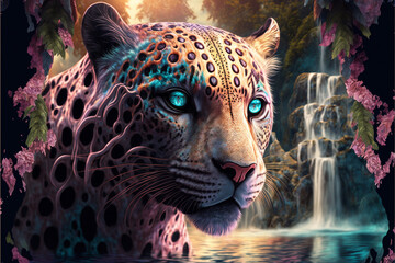 mystical pink fantasy jaguar with blue eyes in tropical jungle