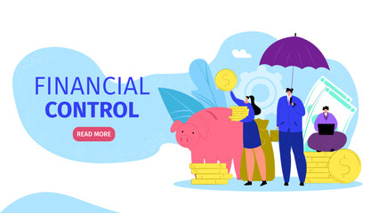 Wall Mural - Financial control, business money strategy vector illustration. Bank consultant character for flat financial work, web page banner.