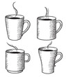 Set of illustration of coffee and cups. Cup of coffee, latte, cappuccino and tea drawn in vintage style. Hand drawn engraving style. Cups isolated on transparent background, PNG