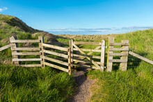 Willow Fence With Passage Through The Sand Dunes In The Village Of Seahouses In Northumberland, England, United Kingdom