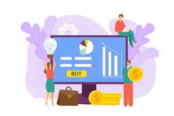 Wall Mural - Business finance growth, broker buying stocks vector illustration. Market trade chart, graph exchange concept. Currency data profit at screen.