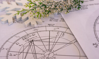 Wall Mural - Astrological natal charts with a snowflake and a fragile branch, winter concept