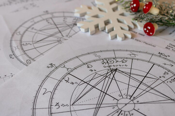 Wall Mural - Astrological natal charts with a snowflake and a fragile branch with red mushrooms in the background, winter and holiday concept