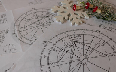 Wall Mural - Astrological natal charts with a snowflake and a fragile branch with red mushrooms in the background, winter and holiday concept