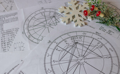 astrological natal charts with a snowflake and a fragile branch with red mushrooms in the background