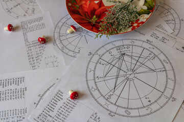 Wall Mural - Astrological natal charts with Christmas and New Year ornaments in the background, winter and holiday concept