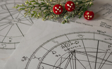 Wall Mural - Astrological natal charts with a fragile small green branch and  red mushrooms in the background, winter and holiday concept