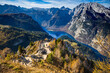 Panoramic view on the Alps and Konigssee from the platform of the peak of the Jenner mountain, Upper Bavaria, Germany 