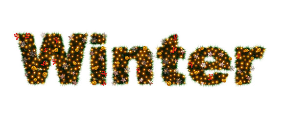 Sticker - Beautiful christmas graphic element of sparkling illumination on text Winter made of pine with snowflake and shiny stars and red berries on transparent background (RGBA 3D Rendering PNG)