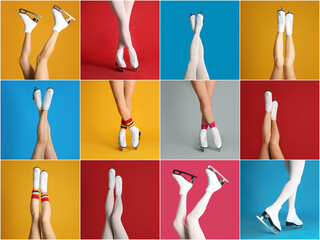 Sticker - Collage with photos of women in ice skates on different color backgrounds, closeup view of legs