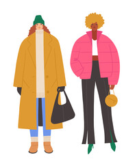 Wall Mural - Women characters wearing trendy winter outfits. City street style modern fashion. Hand drawn vector illustration.