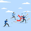 © FAHMI - Motivation concept to win competition concept. Business people win the race celebrating victory at the finish line, skill or effort to succeed in work, business success or achievement.