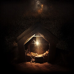 Nativity scene, Jesus, manger, illuminated in the dark of night created with generative AI technology
