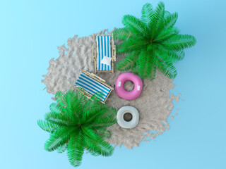 Wall Mural - Two striped empty sunbed on a sandy island, green tropical palms tree, an inflatable circles. 3d render illustration for travel banner, travel agency website. Top view isolated on blue flat lay