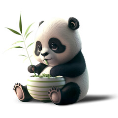 Cute panda eating bamboo, 3D illustration on isolated background