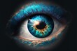  a close up of a blue eye with clouds in the background and a bright light in the center of the eye. Generative AI