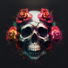  A Skull With Flowers On Its Head And A Black Background With A Red Rose On It's Forehead.